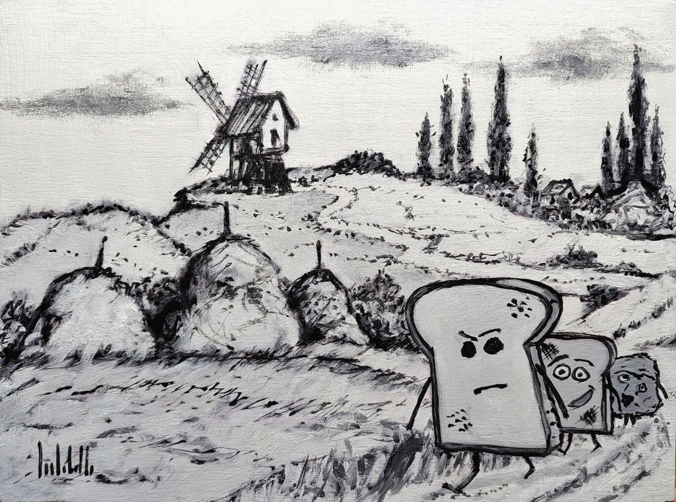 🔴 BREAD , TOAST AND END-PIECE, ANCESTRY - Oil on board 25x18cm