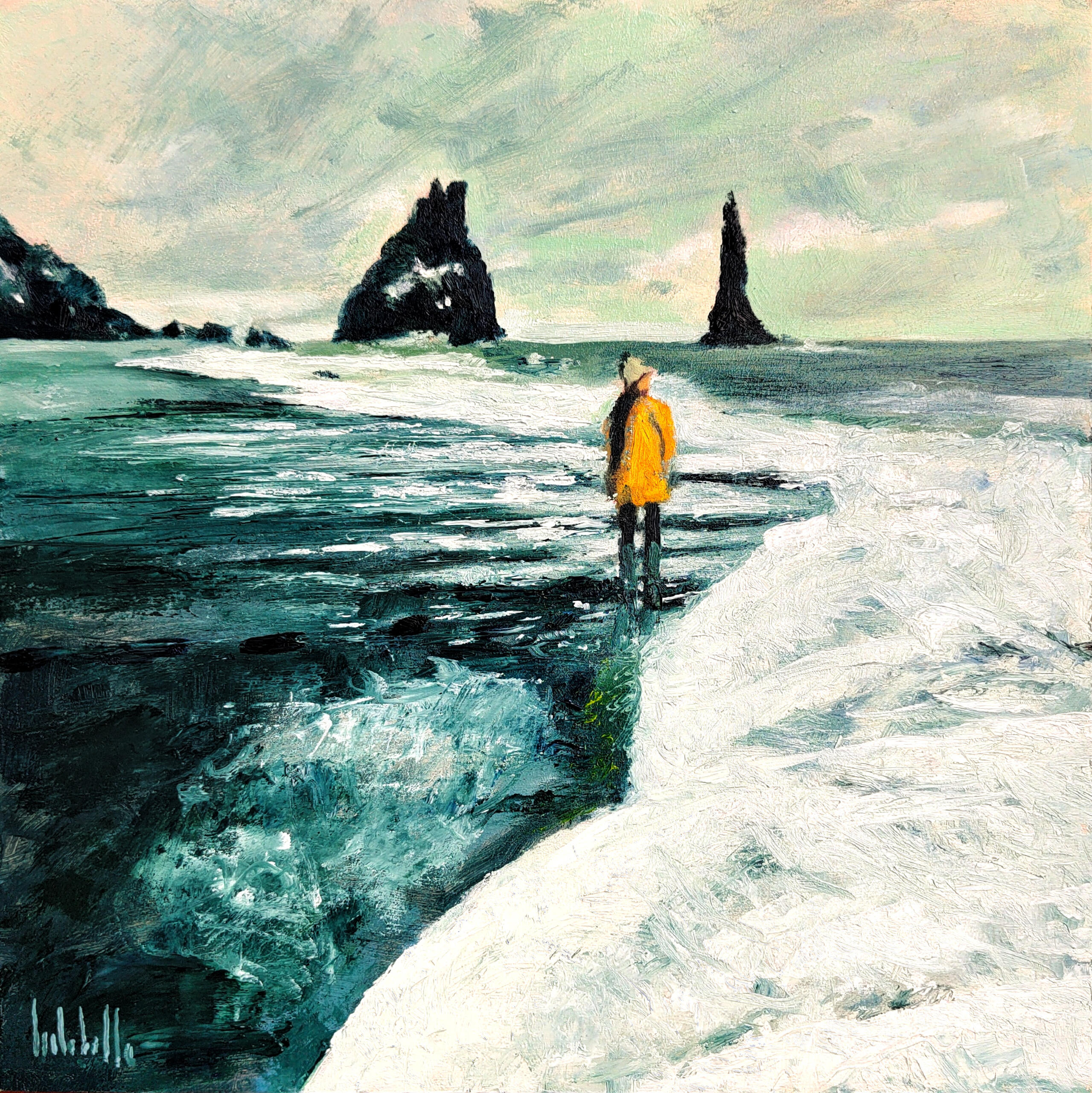 🔴 YELLOW IN ICELAND - Oil on cradled wood panel 30x30cm