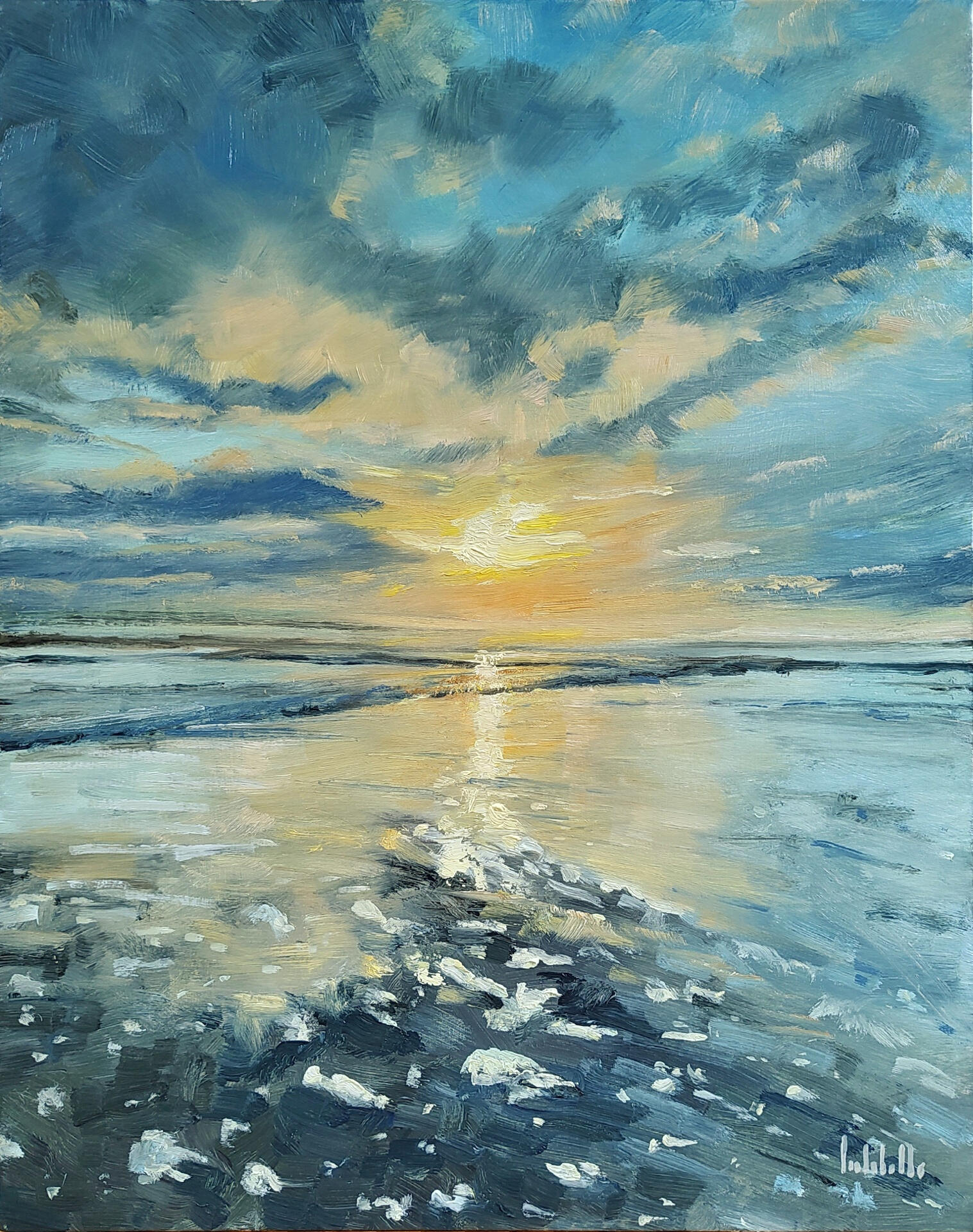 GOLD ON THE OCEAN - Oil on paper Kraft on wood panel 40x50cm