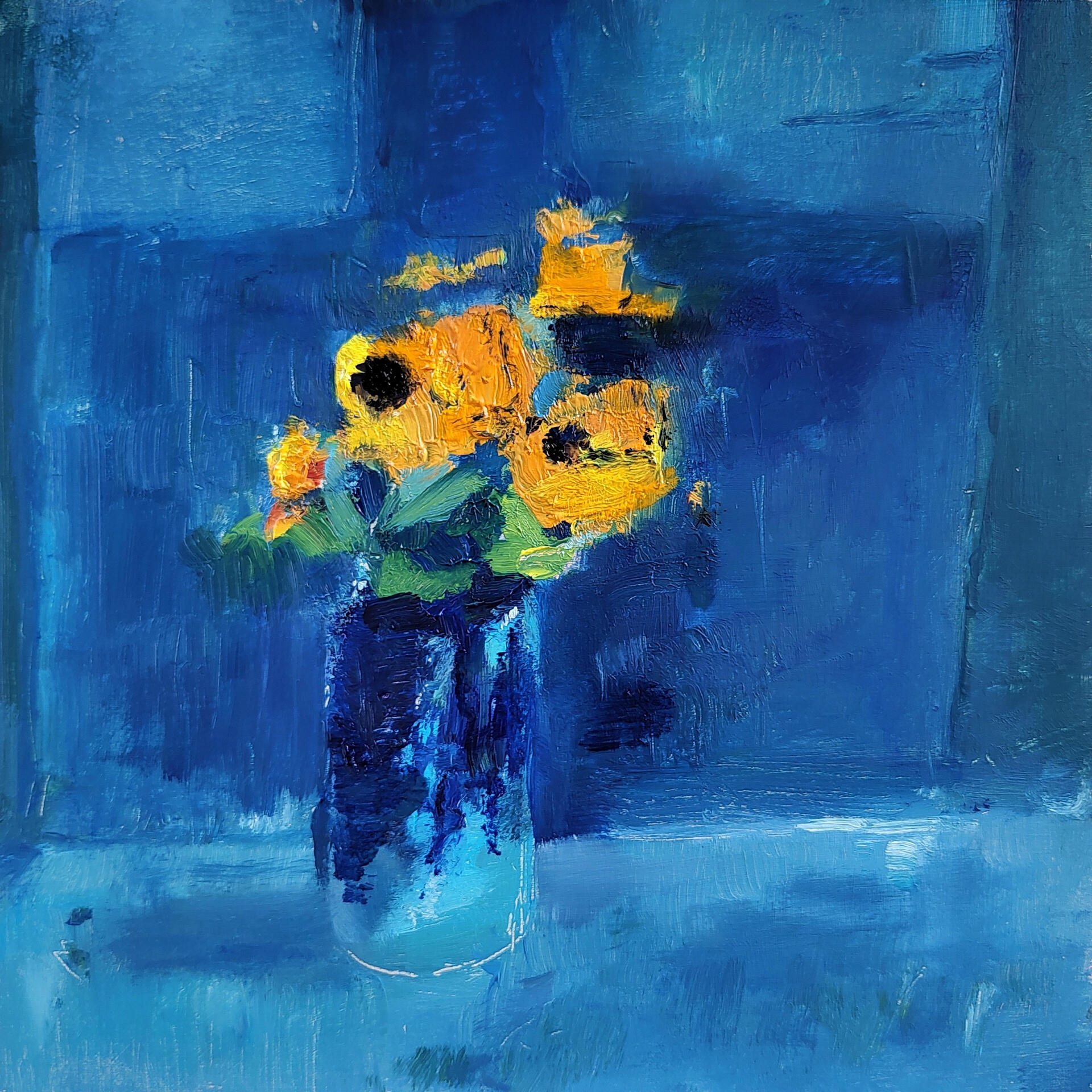 SILENCE AMONG THE FLOWERS - MIDNIGHT ORANGE - Oil on cradle wood panel 20x20cm