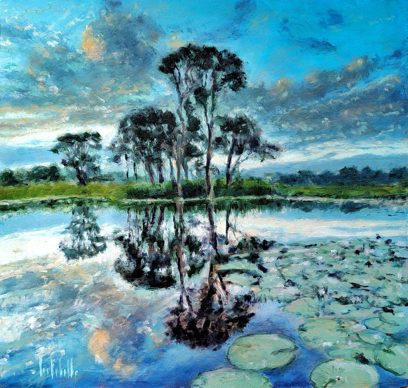 🔴 WATER LILIES AT SUNSET - Oil on board 40x38cm