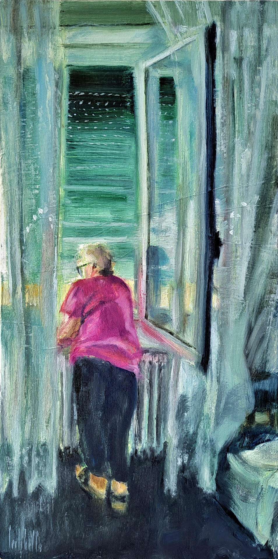 🔴 ASPETTANDO ALLA FINESTRA - Oil on paper Kraft on wood panel 20x40cm